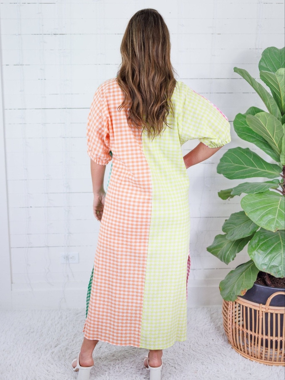 NEW SHEIN Collared Midi Dress - Multi-Colored Pastels Seersucker Gingham XL - Picture 3 of 8